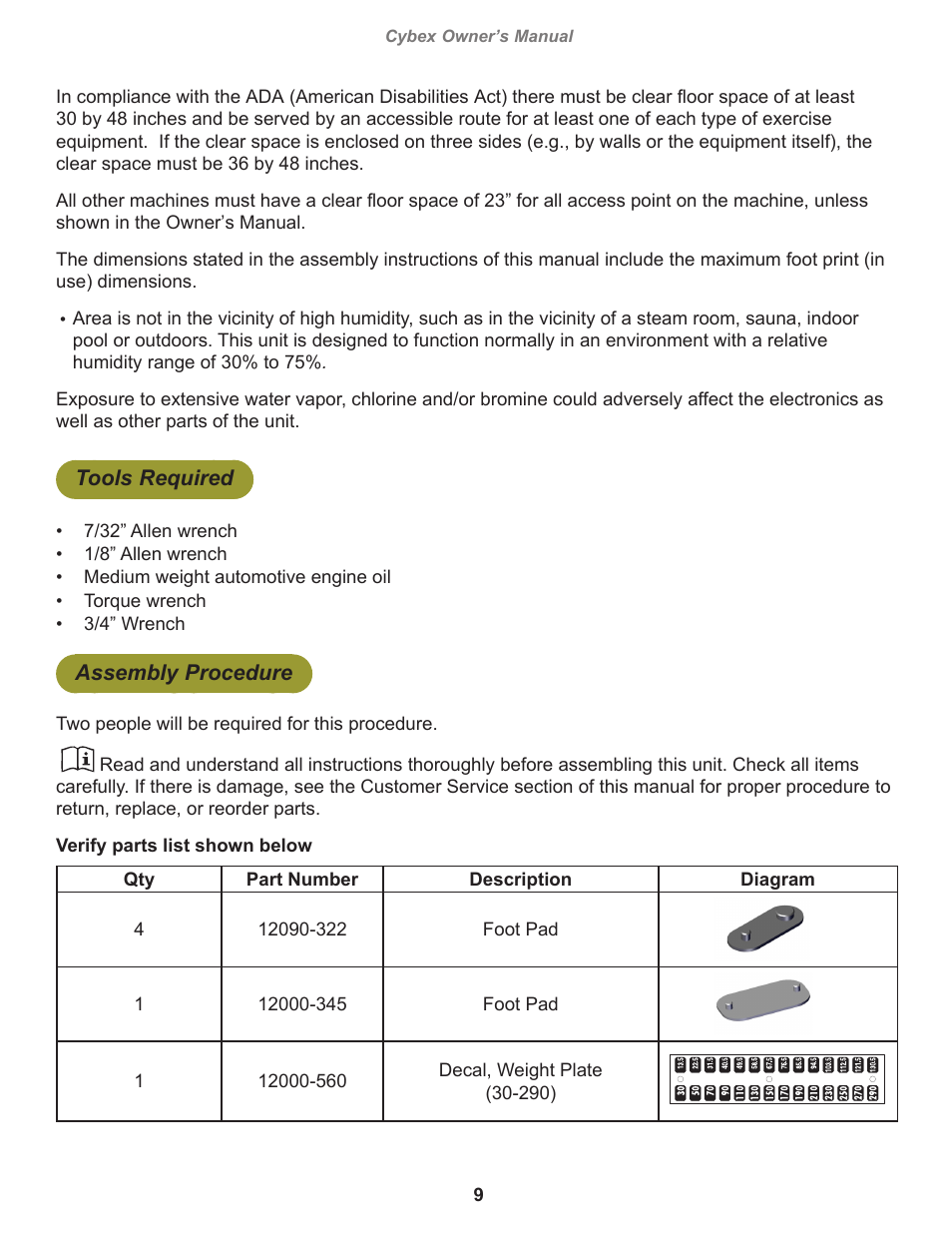 Tools required, Assembly procedure, Cybex owner’s manual | Cybex 12080 VR3 Arm Extension User Manual | Page 9 / 26