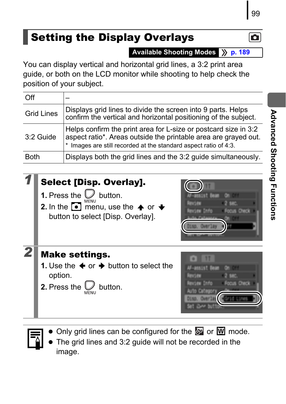 Setting the display overlays, P. 99 | Canon A580 User Manual | Page 101 / 195