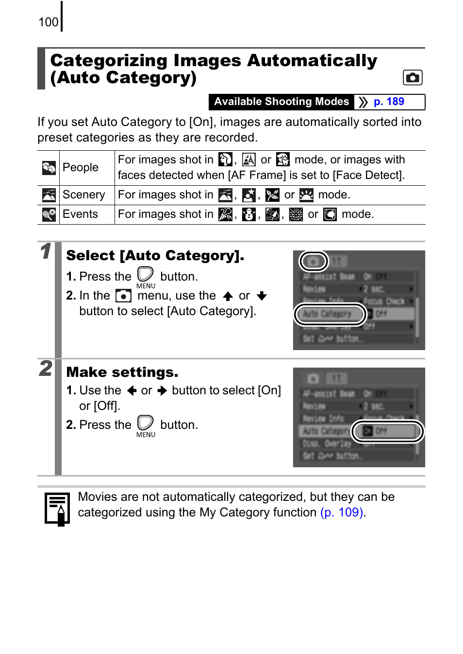 Categorizing images automatically (auto category), P. 100 | Canon A580 User Manual | Page 102 / 195