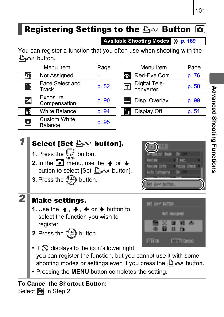 Registering settings to the button, Registering settings to the, Button | P. 101, Select [set button, Make settings | Canon A580 User Manual | Page 103 / 195