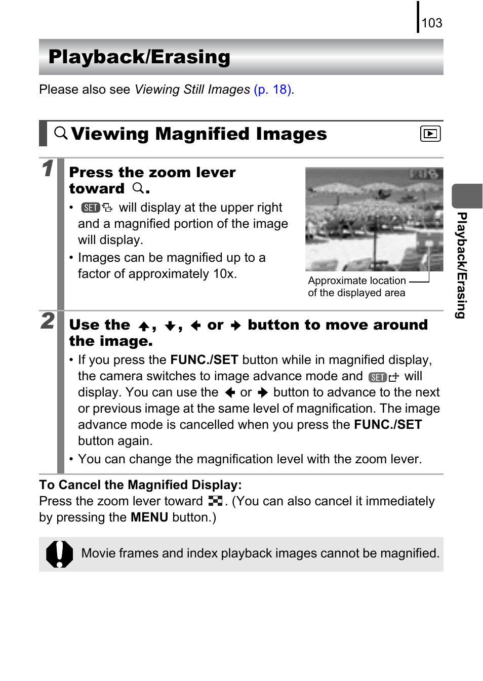 Playback/erasing, Viewing magnified images, Focus check display in magnified display | P. 103), Or index | Canon A580 User Manual | Page 105 / 195