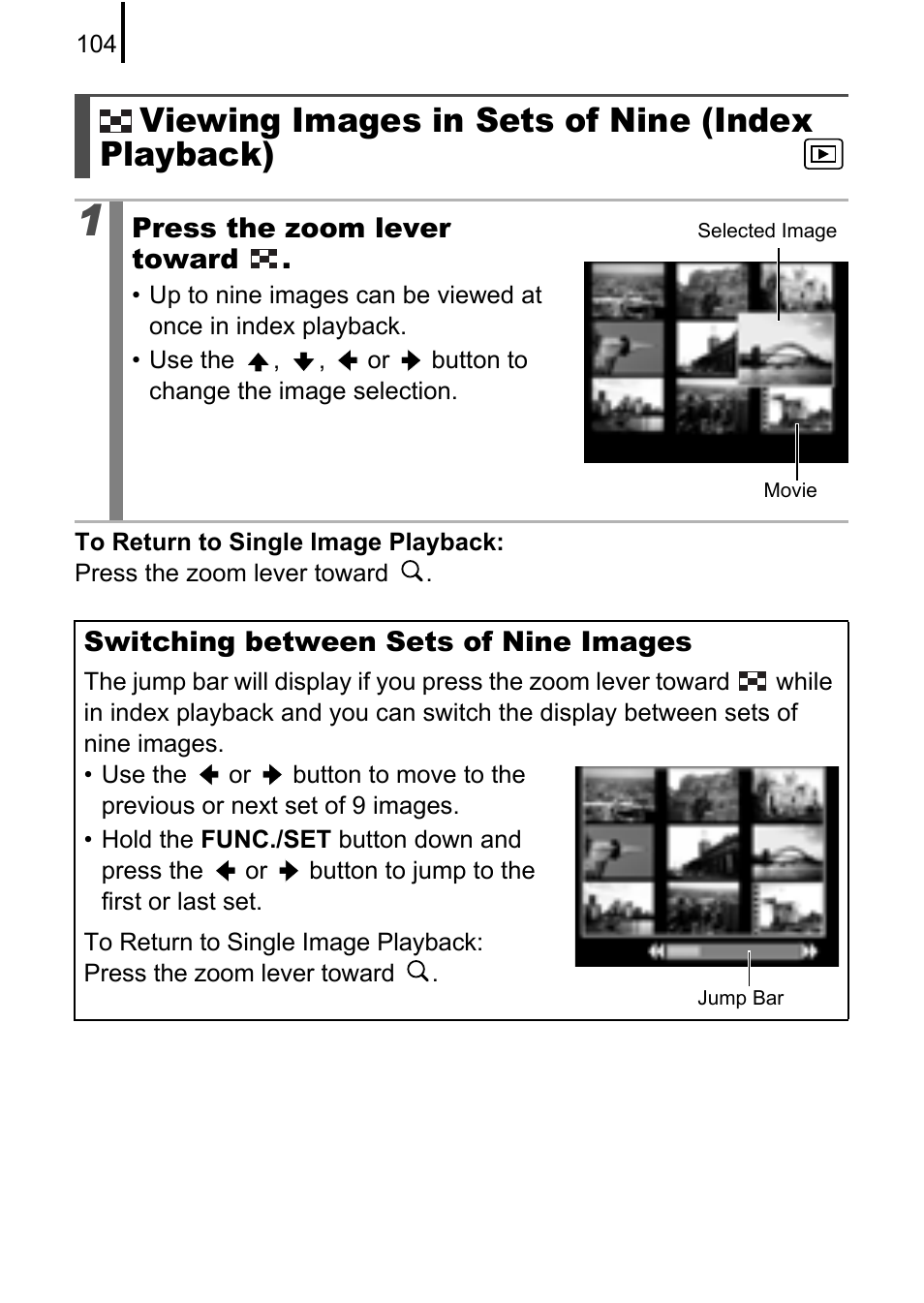 Viewing images in sets of nine (index playback), Playback mode, P. 104) | Canon A580 User Manual | Page 106 / 195