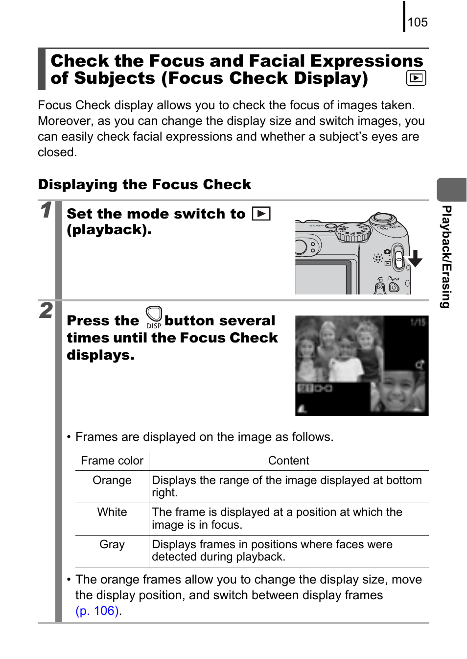 Check the focus and facial expressions of subjects, Focus check display), P. 105) | Canon A580 User Manual | Page 107 / 195