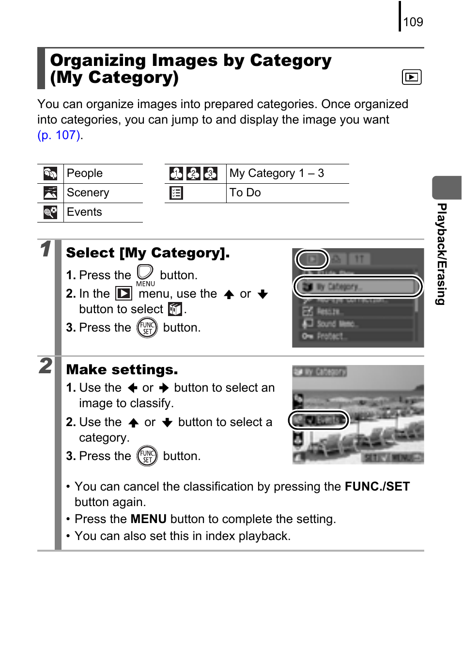 Organizing images by category (my category), P. 109, My category | P. 109) | Canon A580 User Manual | Page 111 / 195
