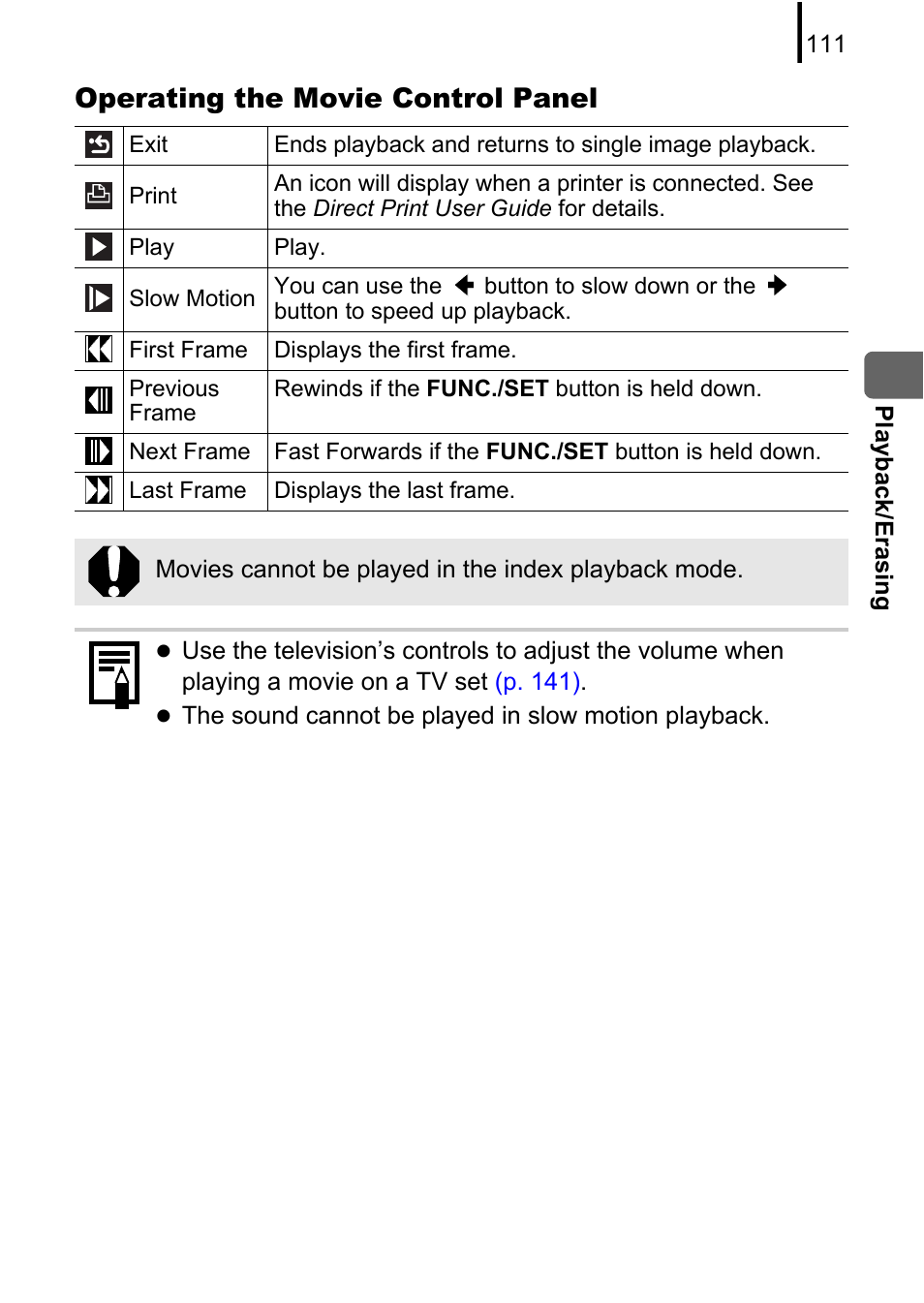 Operating the movie control panel | Canon A580 User Manual | Page 113 / 195
