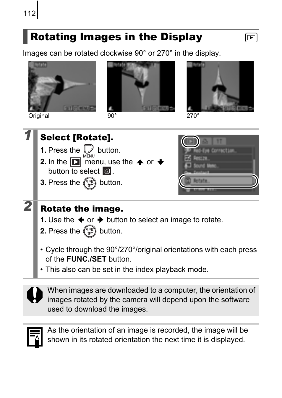 Rotating images in the display, P. 112 | Canon A580 User Manual | Page 114 / 195
