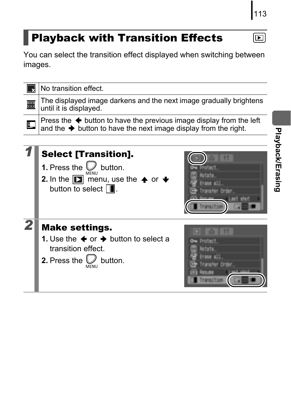 Playback with transition effects, P. 113 | Canon A580 User Manual | Page 115 / 195