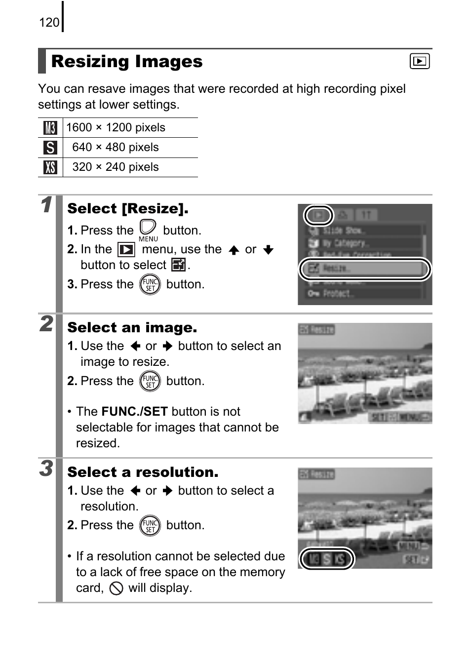 Resizing images, P. 120 | Canon A580 User Manual | Page 122 / 195