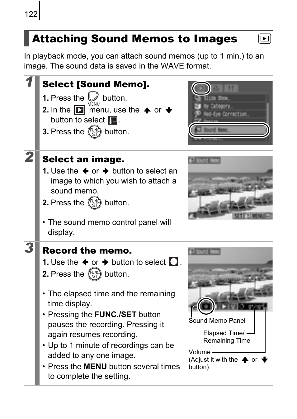 Attaching sound memos to images, P. 122 | Canon A580 User Manual | Page 124 / 195
