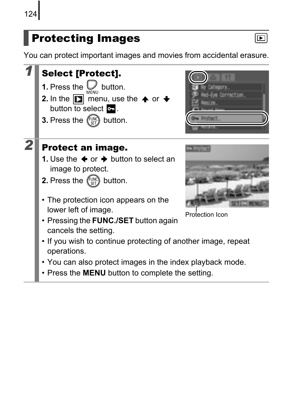 Protecting images, P. 124 | Canon A580 User Manual | Page 126 / 195