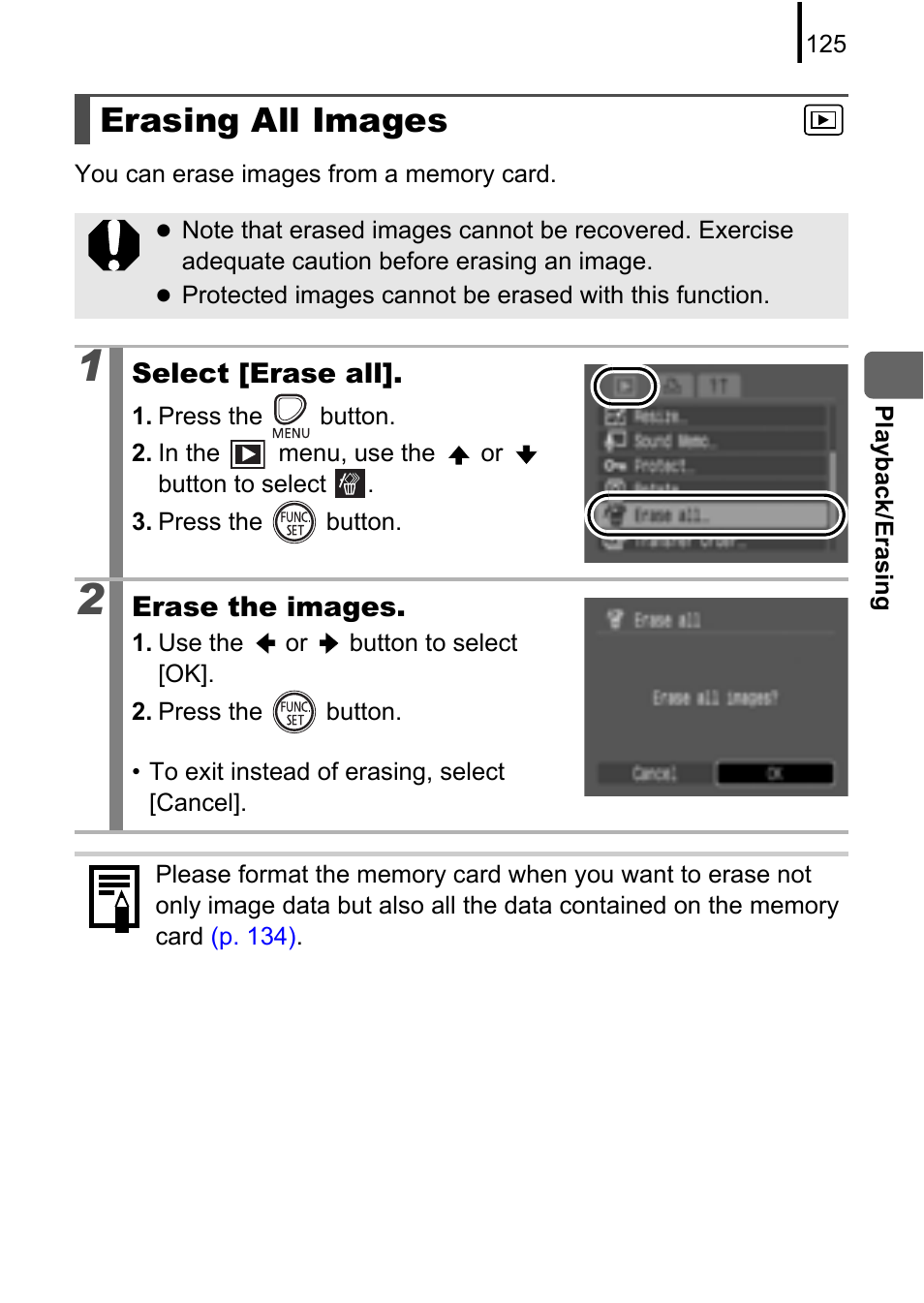Erasing all images, P. 125 | Canon A580 User Manual | Page 127 / 195