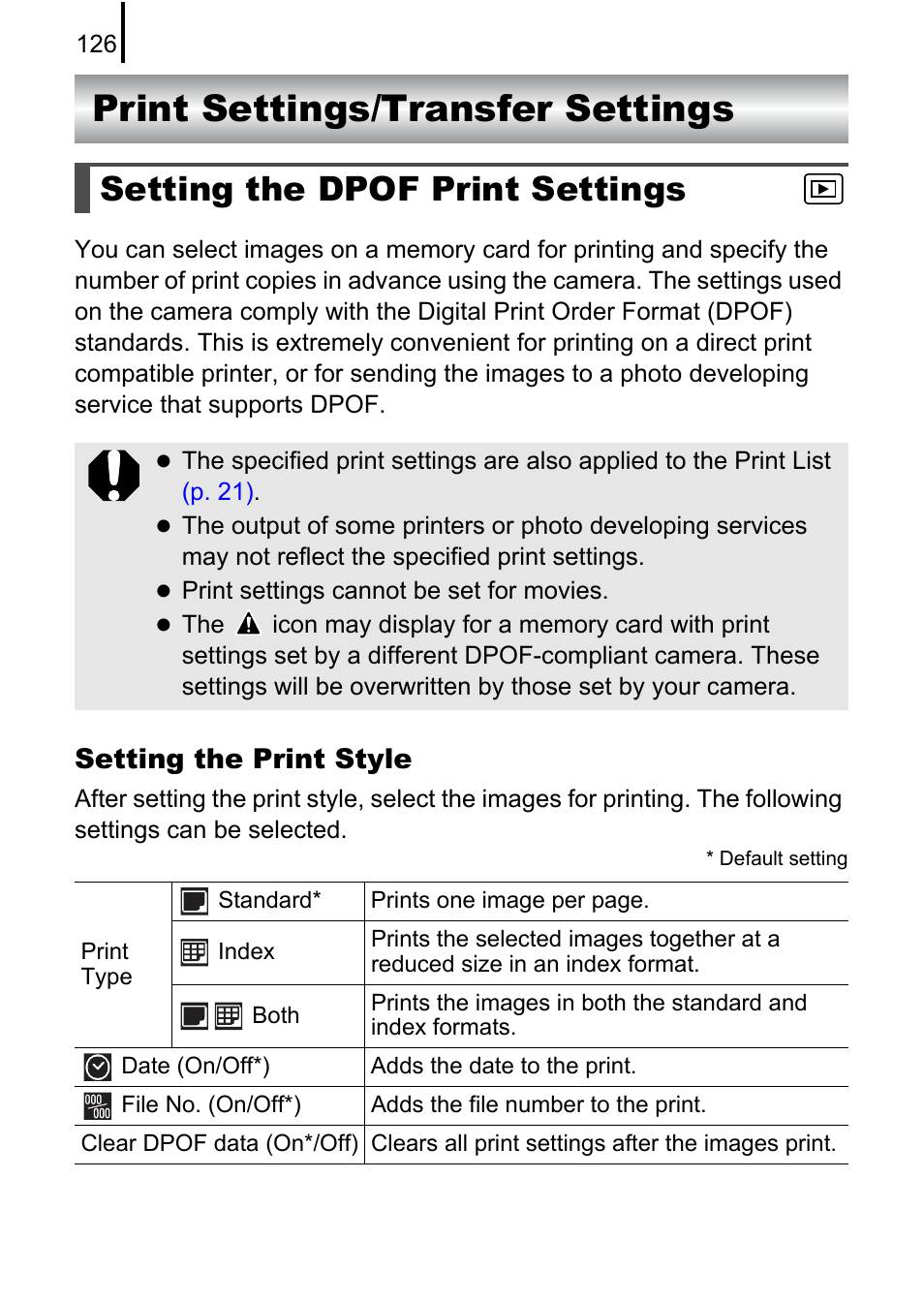 Print settings/transfer settings, Setting the dpof print settings, P. 126 | Setting the print style | Canon A580 User Manual | Page 128 / 195
