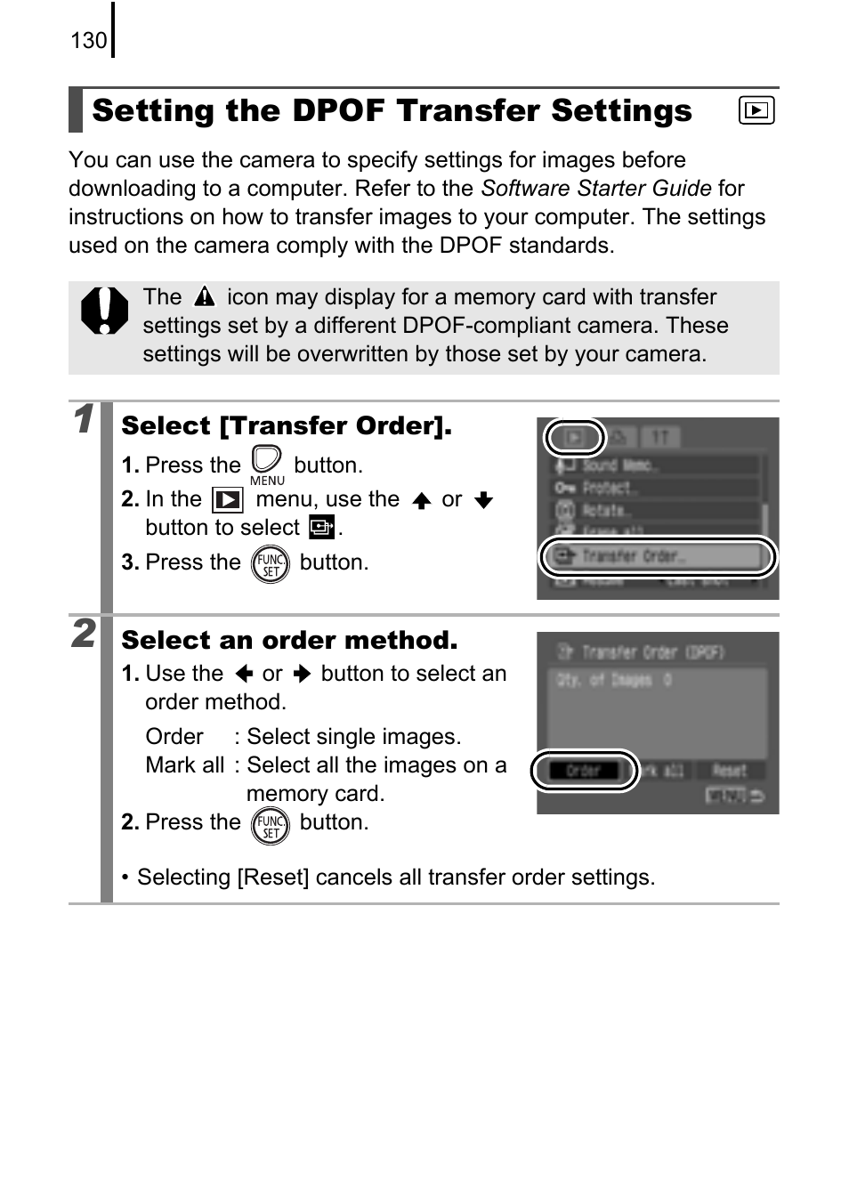 Setting the dpof transfer settings, P. 130 | Canon A580 User Manual | Page 132 / 195