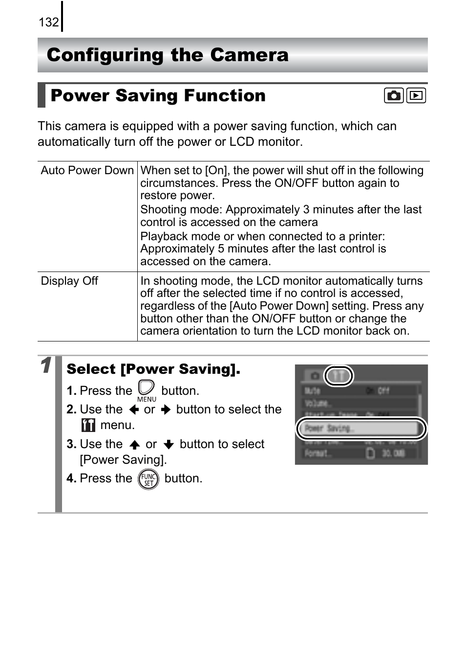 Configuring the camera, Power saving function | Canon A580 User Manual | Page 134 / 195