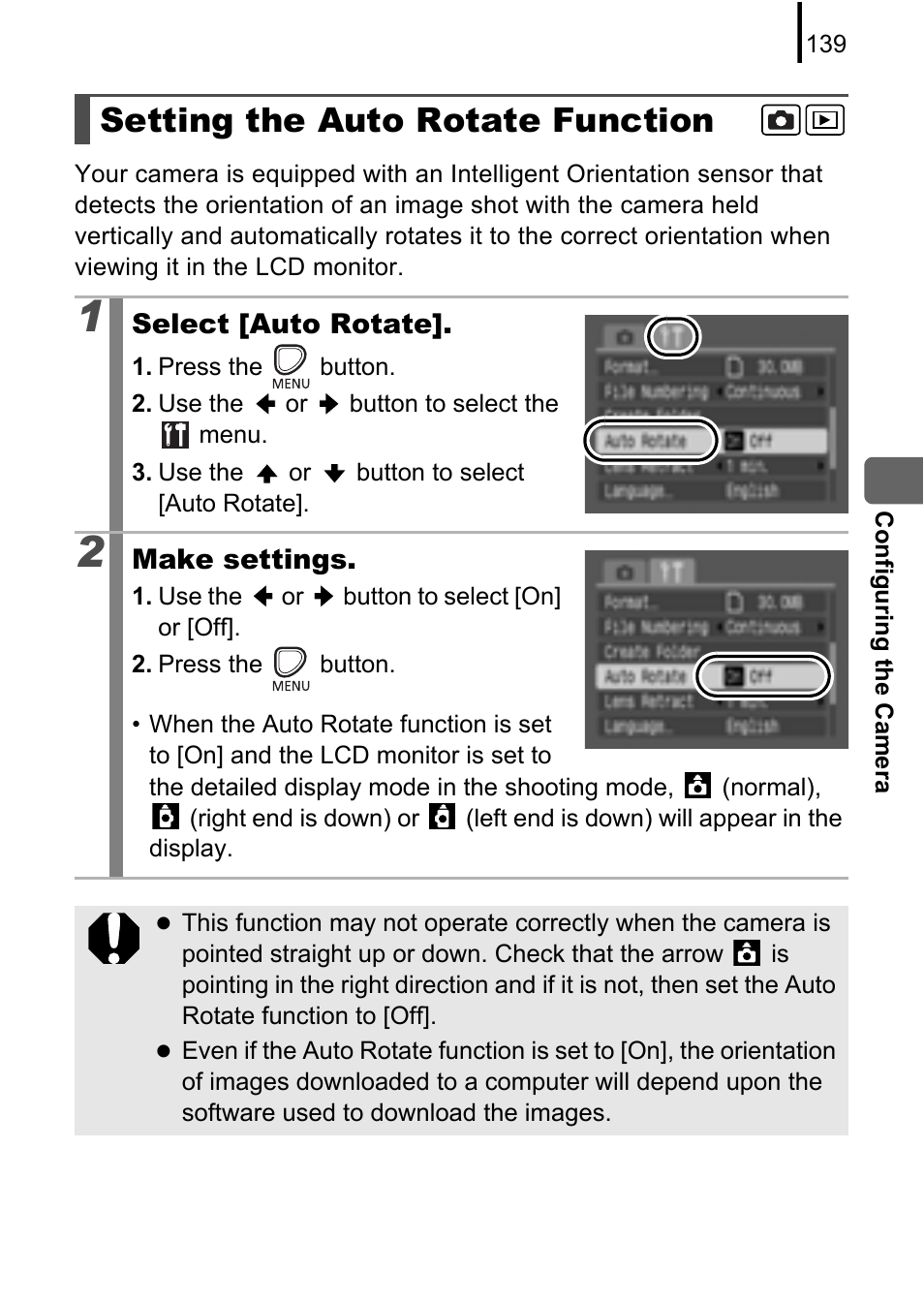 Setting the auto rotate function, P. 139 | Canon A580 User Manual | Page 141 / 195
