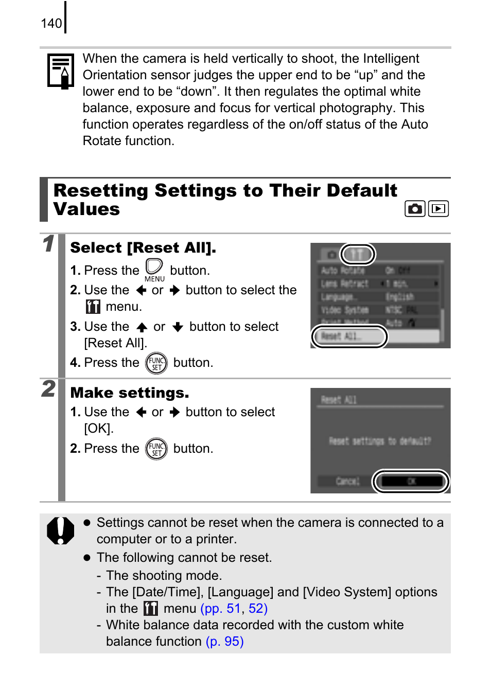 Resetting settings to their default values, P. 140 | Canon A580 User Manual | Page 142 / 195