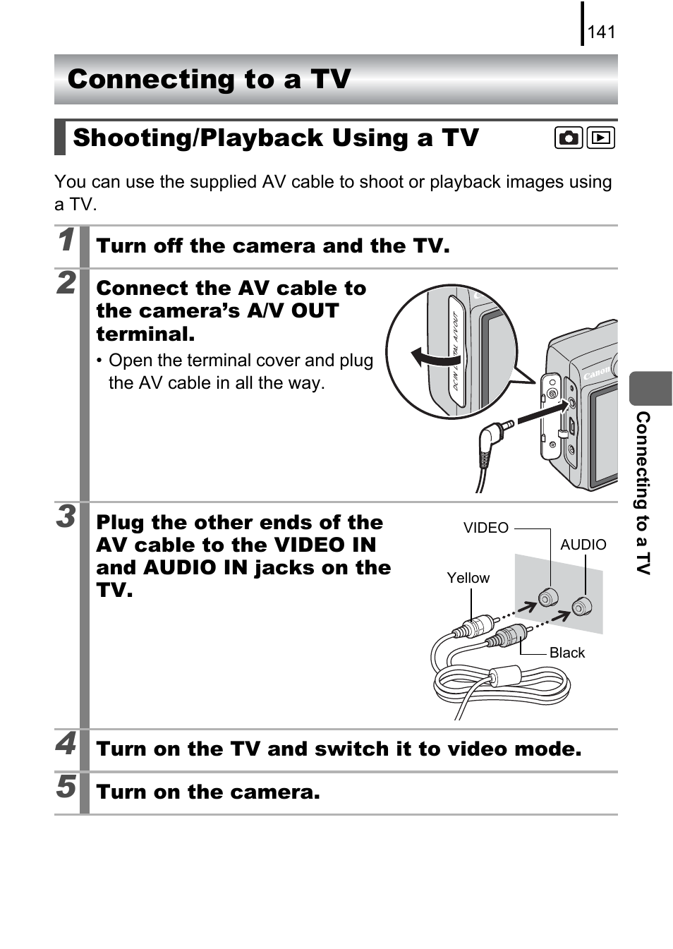 Connecting to a tv, Shooting/playback using a tv, Region before using it with a tv monitor | P. 141), A/v out (audio/video output) terminal, P. 141 | Canon A580 User Manual | Page 143 / 195