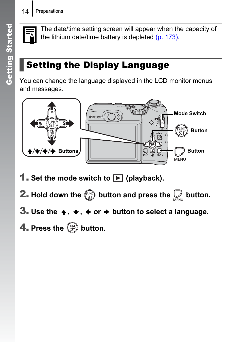 P. 14), To change the, Setting the display language | Canon A580 User Manual | Page 16 / 195