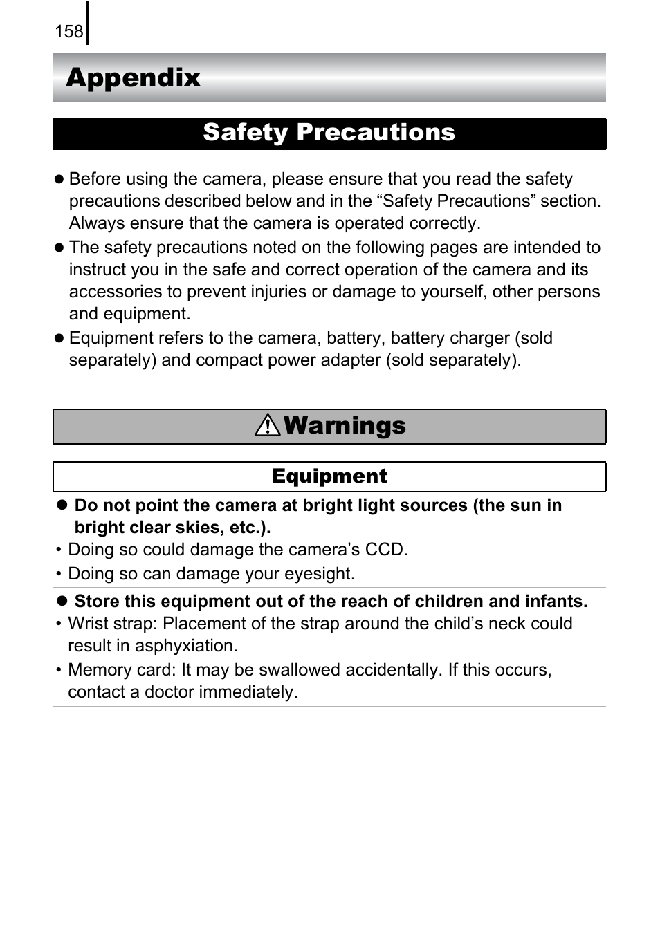 Appendix, Safety precautions, Pp. 158 | Safety precautions warnings | Canon A580 User Manual | Page 160 / 195