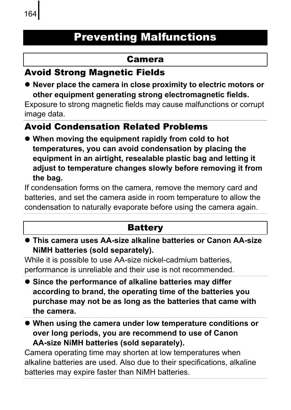Preventing malfunctions, P. 164) | Canon A580 User Manual | Page 166 / 195