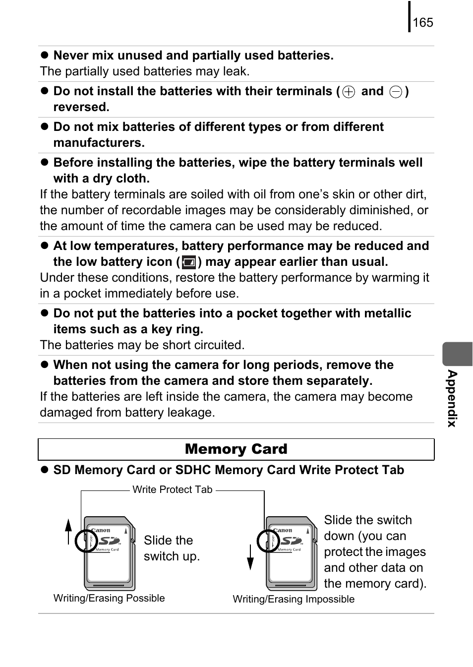 Write protect tab upward, P. 165) | Canon A580 User Manual | Page 167 / 195