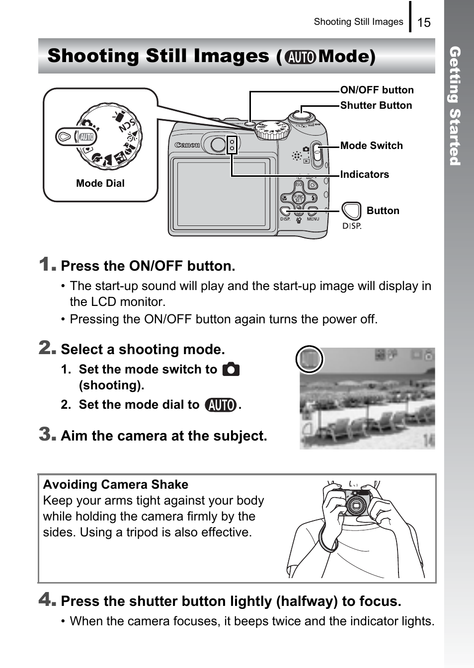 Shooting still images, Mode), Shooting still images 1 | Canon A580 User Manual | Page 17 / 195