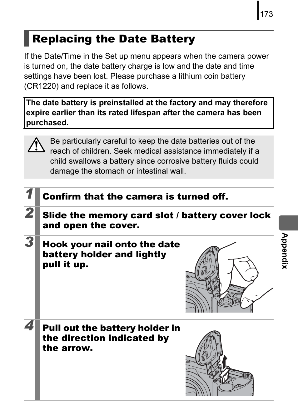 Replacing the date battery, P. 173) | Canon A580 User Manual | Page 175 / 195