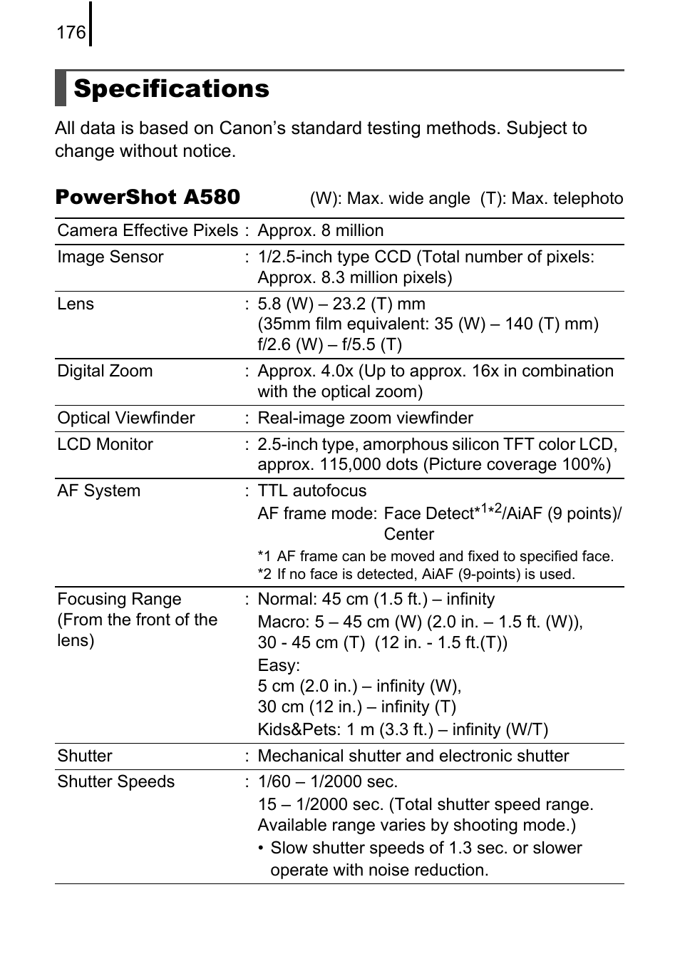 Specifications, P. 176), Powershot a580 | Canon A580 User Manual | Page 178 / 195