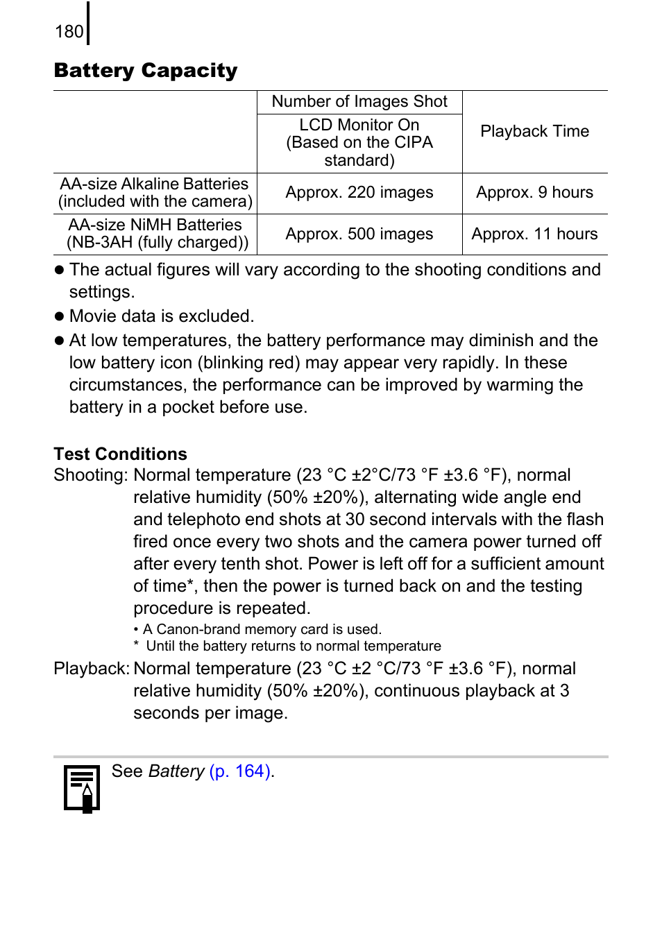 Battery capacity | Canon A580 User Manual | Page 182 / 195