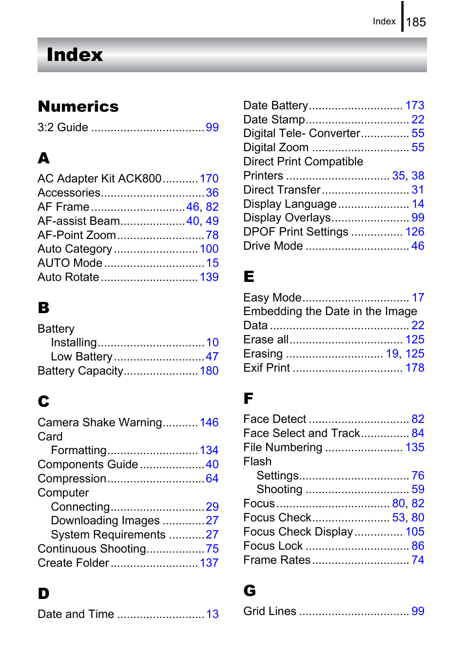 Index, Numerics | Canon A580 User Manual | Page 187 / 195
