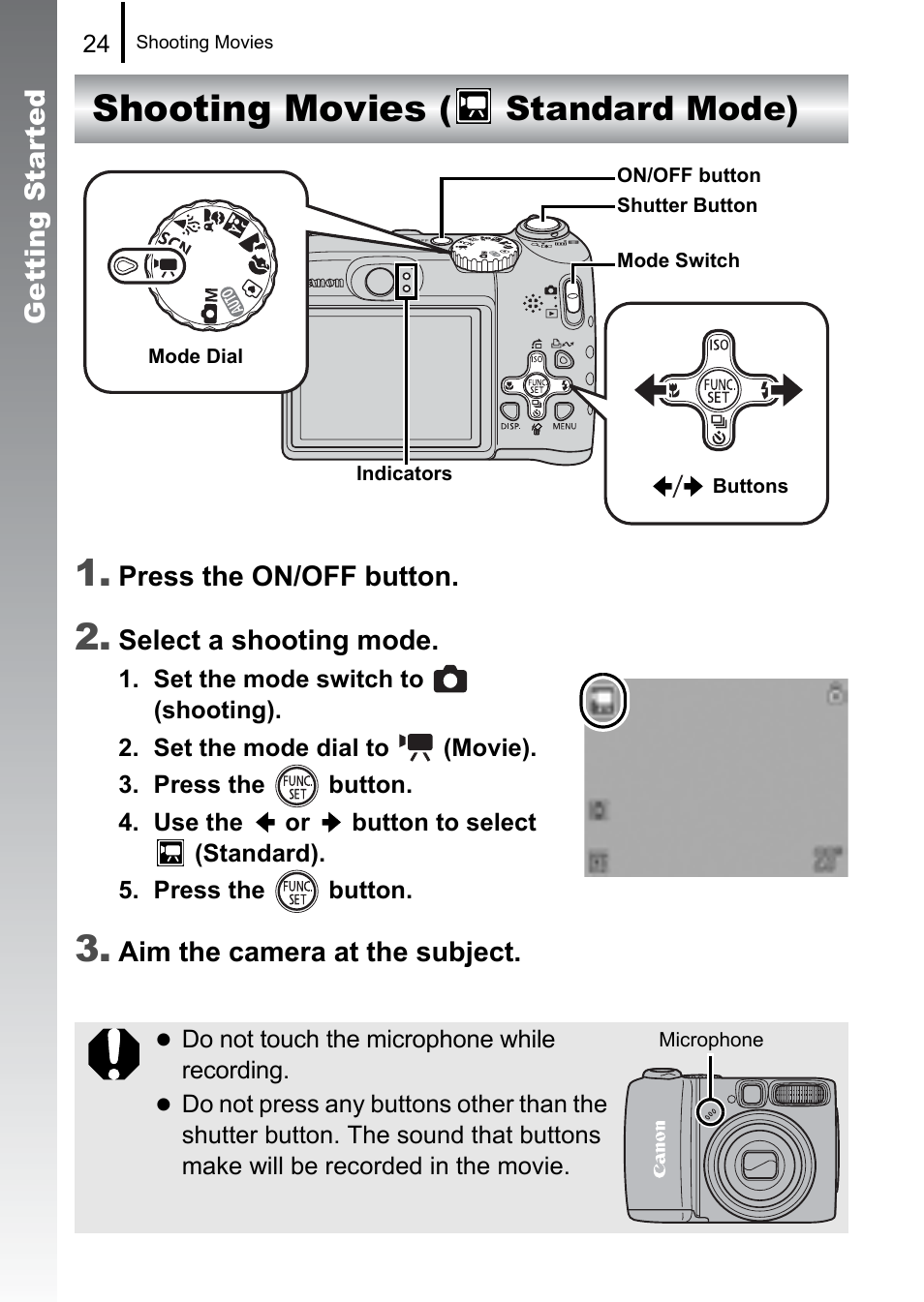 Shooting movies, Standard mode), Shooting movies 1 | Canon A580 User Manual | Page 26 / 195