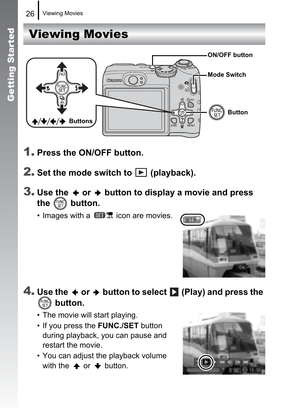 Viewing movies, Viewing movies 1 | Canon A580 User Manual | Page 28 / 195