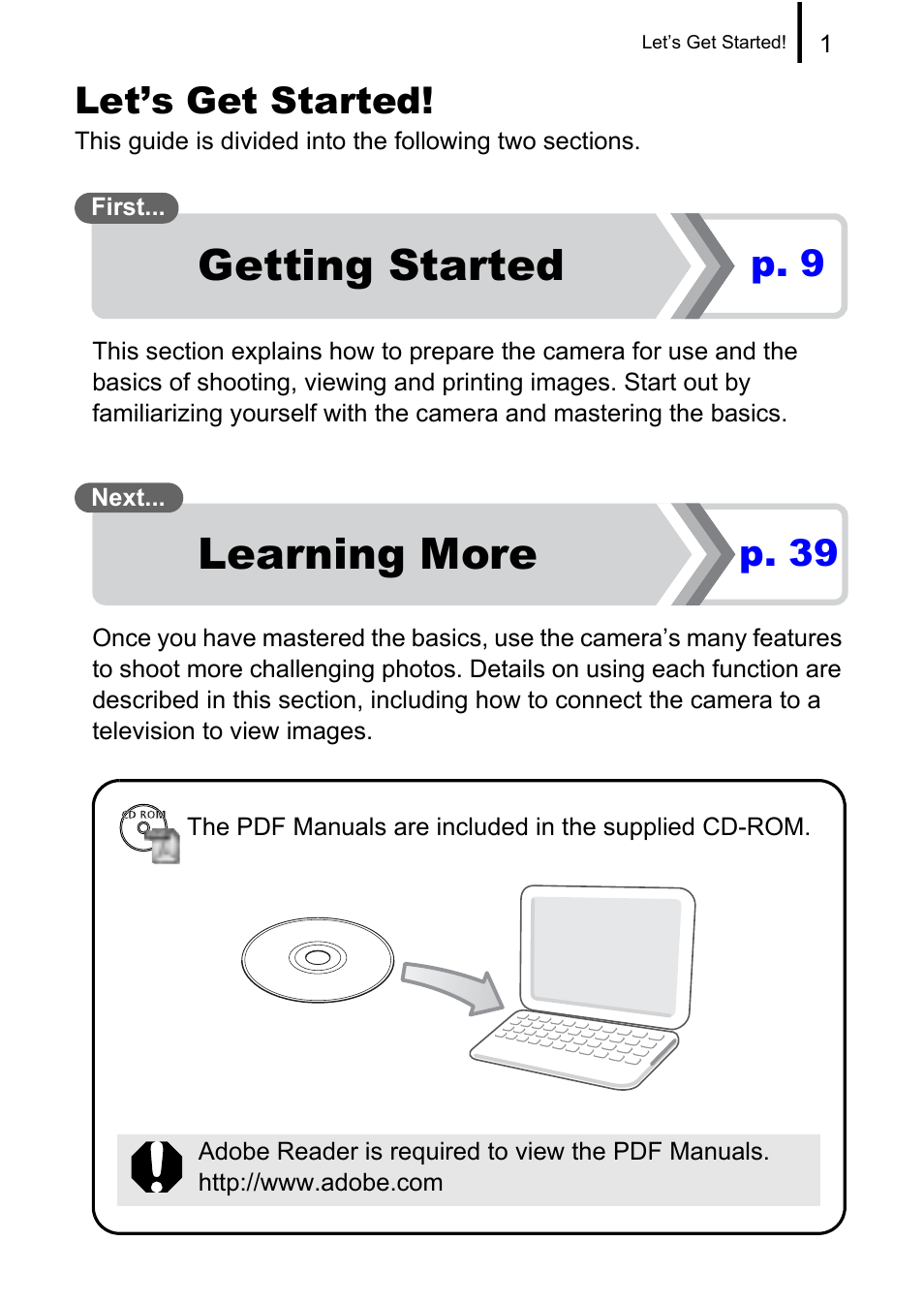 Learning more, Getting started, Let’s get started | P. 9, P. 39 | Canon A580 User Manual | Page 3 / 195
