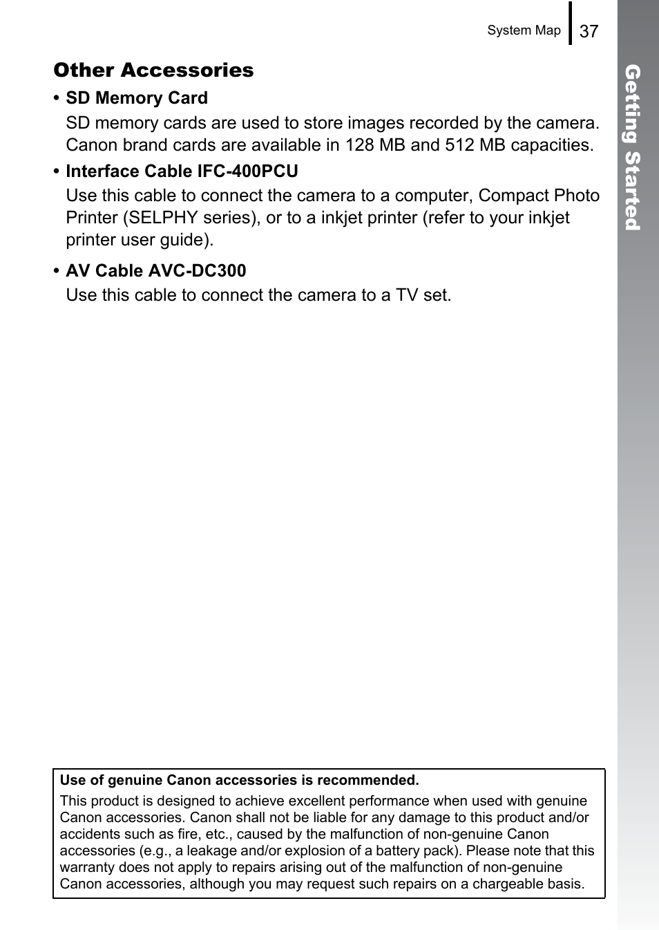 Getting started other accessories | Canon A580 User Manual | Page 39 / 195