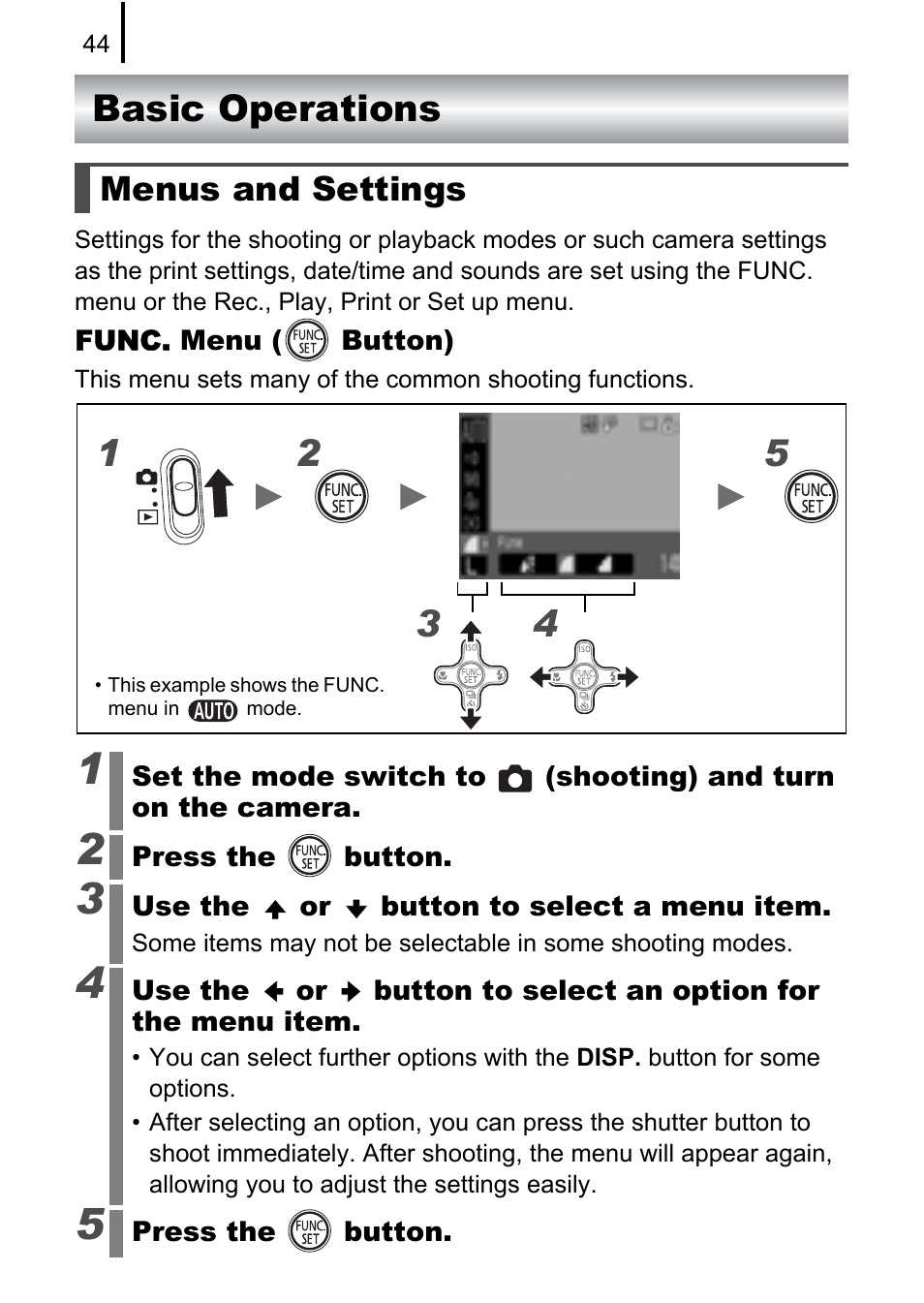 Basic operations, Menus and settings, P. 44) | Canon A580 User Manual | Page 46 / 195