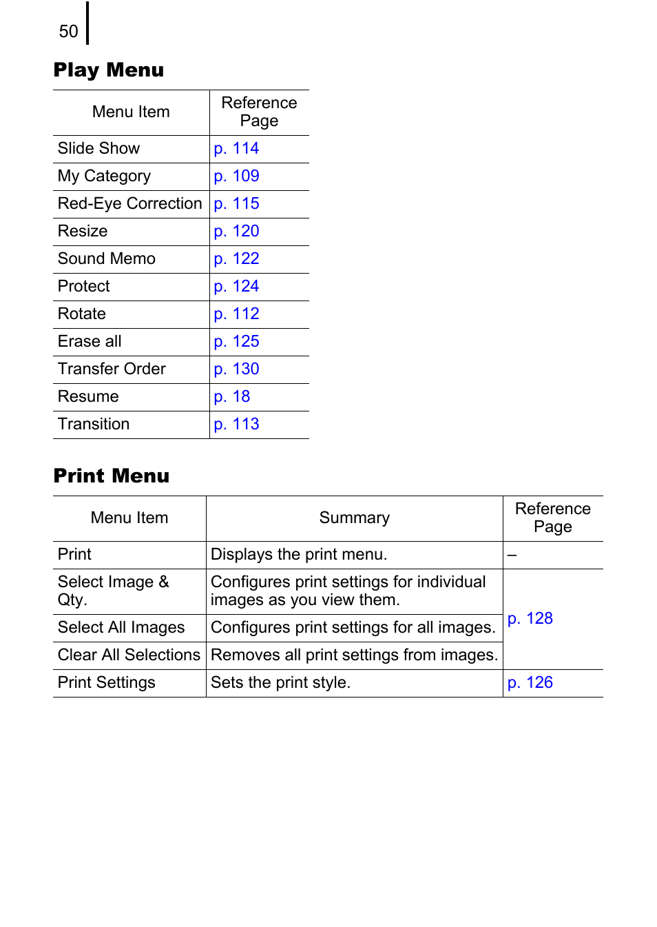 Play menu print menu | Canon A580 User Manual | Page 52 / 195