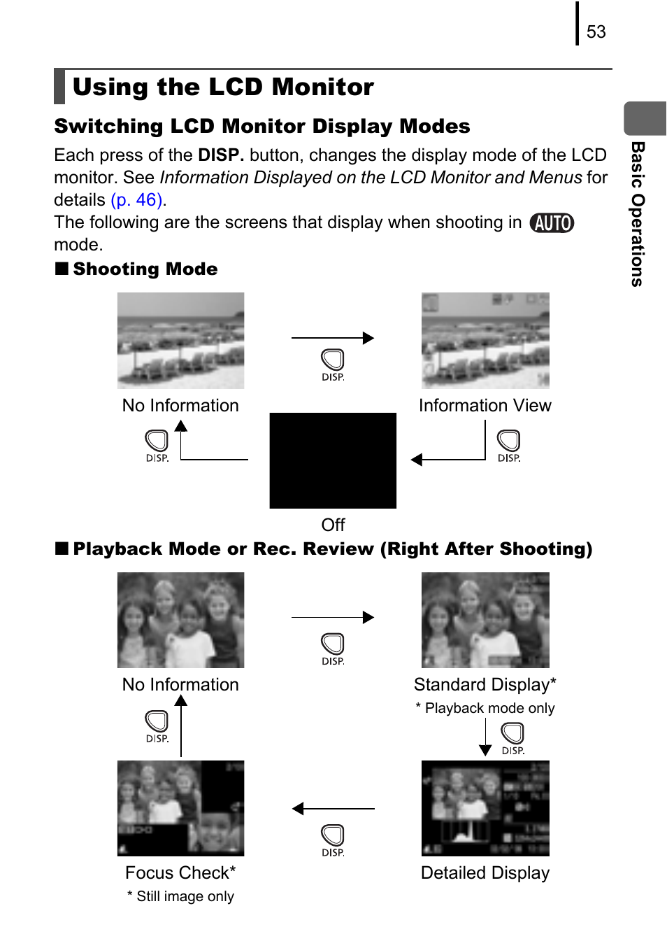 Using the lcd monitor, P. 53), Monitor off | While shooting, Switching lcd monitor display modes | Canon A580 User Manual | Page 55 / 195