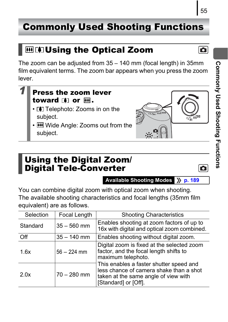 Commonly used shooting functions, Using the optical zoom, Using the digital zoom/ digital tele-converter | Pp. 55, P. 55 | Canon A580 User Manual | Page 57 / 195