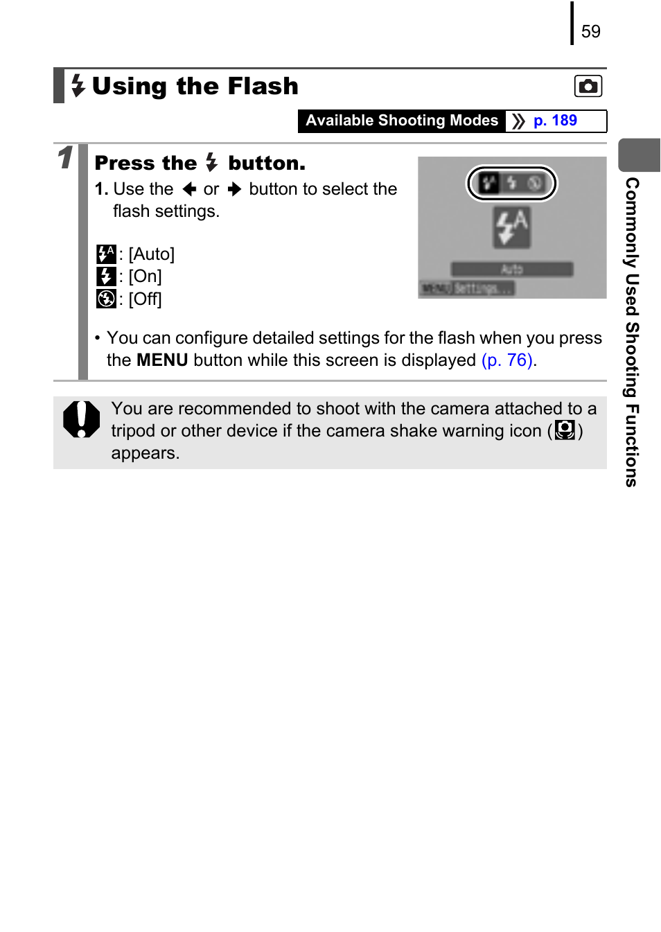 Using the flash, P. 59), Button | Canon A580 User Manual | Page 61 / 195