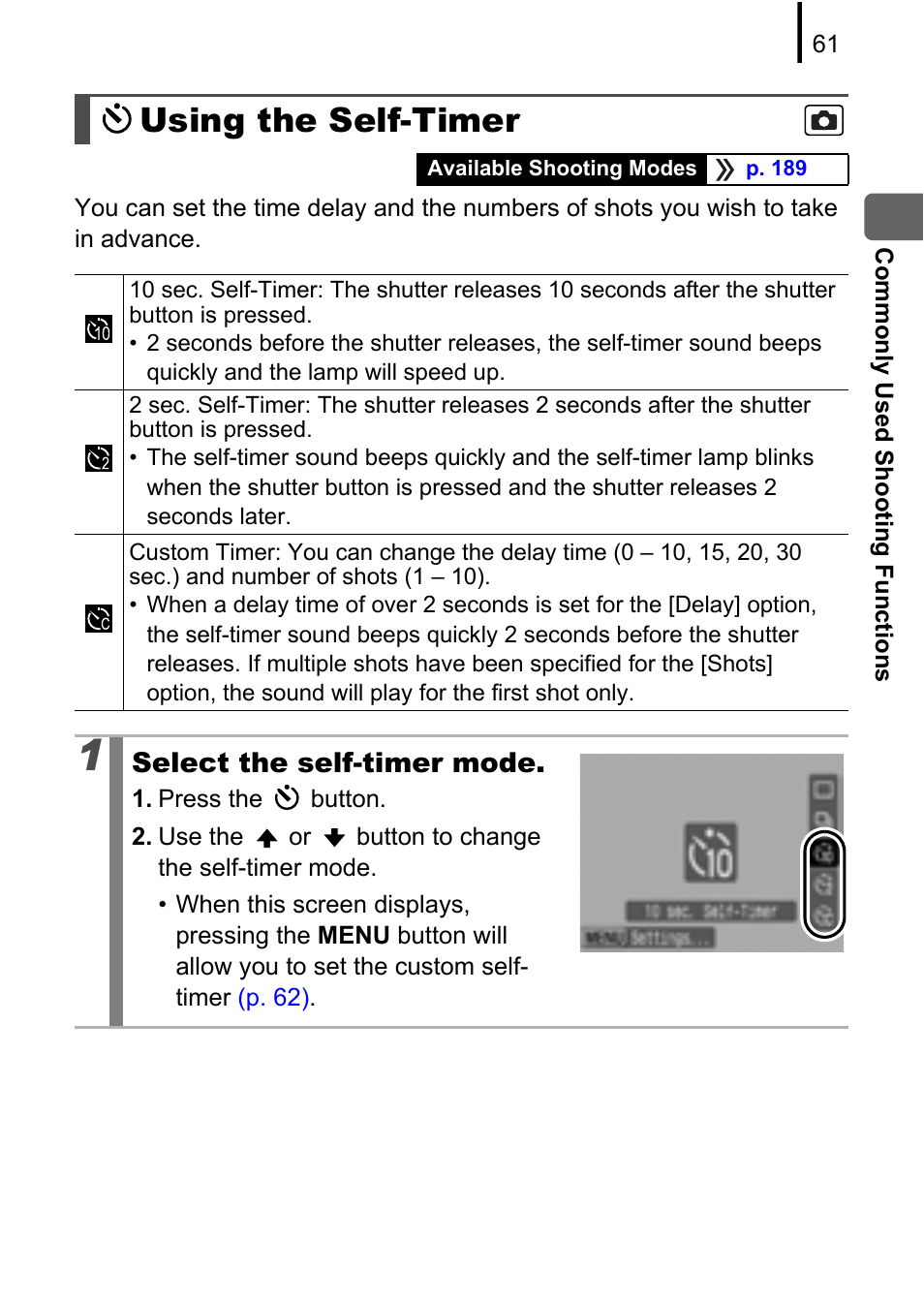 Using the self-timer, Self-timer lamp, P. 61) | P. 61 | Canon A580 User Manual | Page 63 / 195