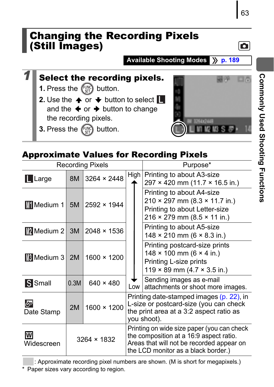 Changing the recording pixels (still images), P. 63, Approximate values for recording pixels | Select the recording pixels | Canon A580 User Manual | Page 65 / 195