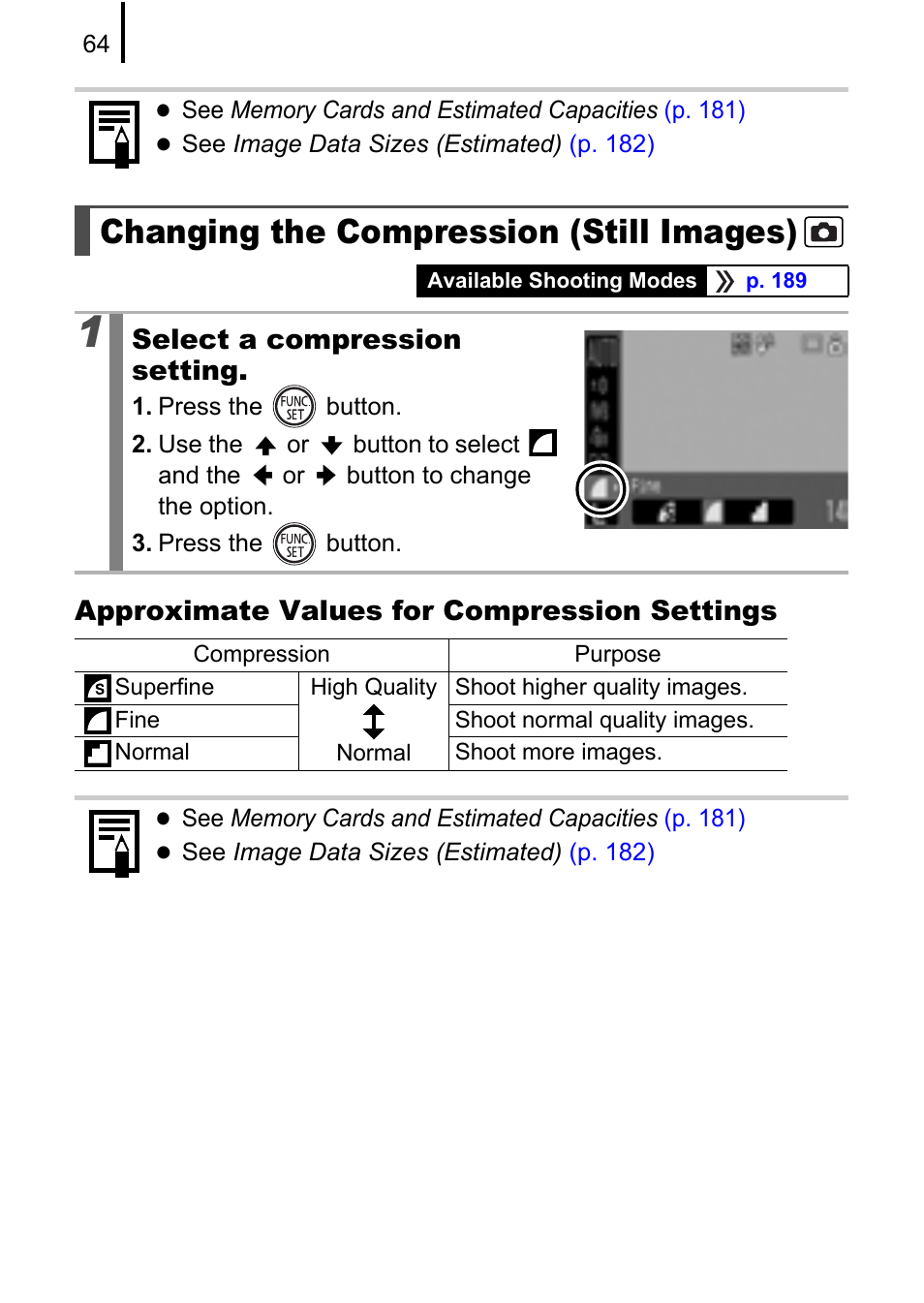 Changing the compression (still images), P. 64, Approximate values for compression settings | Select a compression setting | Canon A580 User Manual | Page 66 / 195
