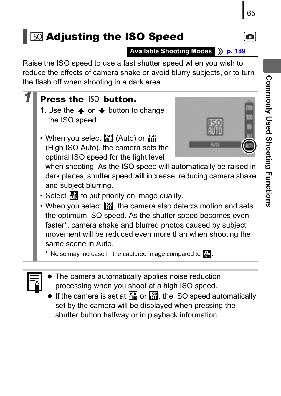 Adjusting the iso speed, Pp. 65, Press the | Button | Canon A580 User Manual | Page 67 / 195