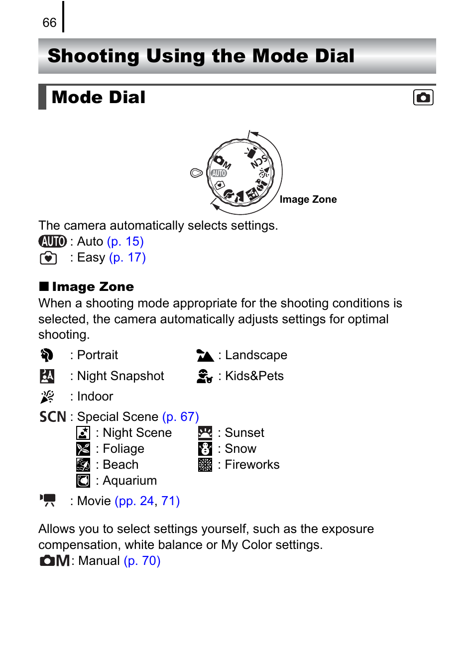 Shooting using the mode dial, Mode dial | Canon A580 User Manual | Page 68 / 195