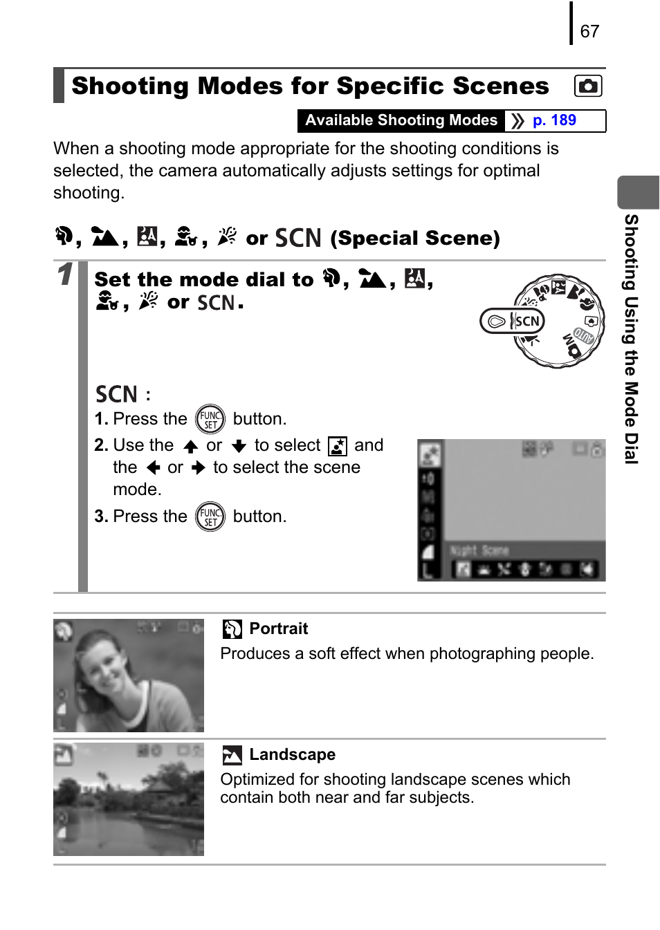 Shooting modes for specific scenes, Special scene, P. 67) | Canon A580 User Manual | Page 69 / 195