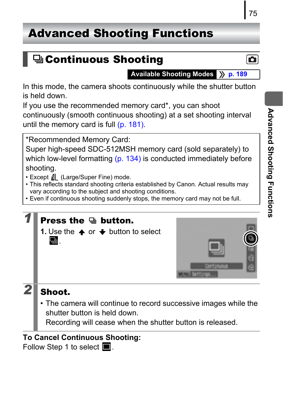 Advanced shooting functions, Continuous shooting | Canon A580 User Manual | Page 77 / 195