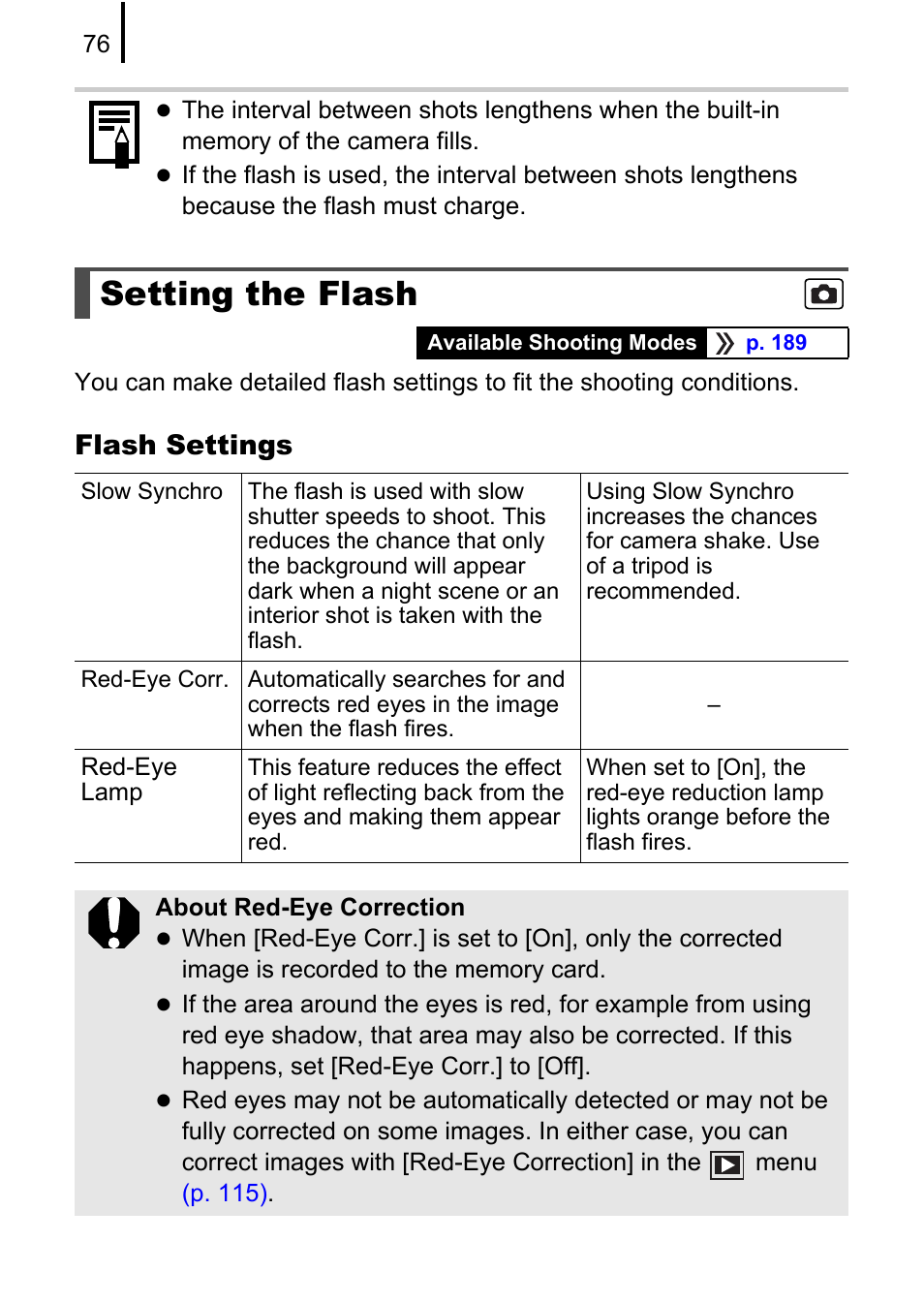 Setting the flash, P. 76), P. 76 | Flash settings | Canon A580 User Manual | Page 78 / 195