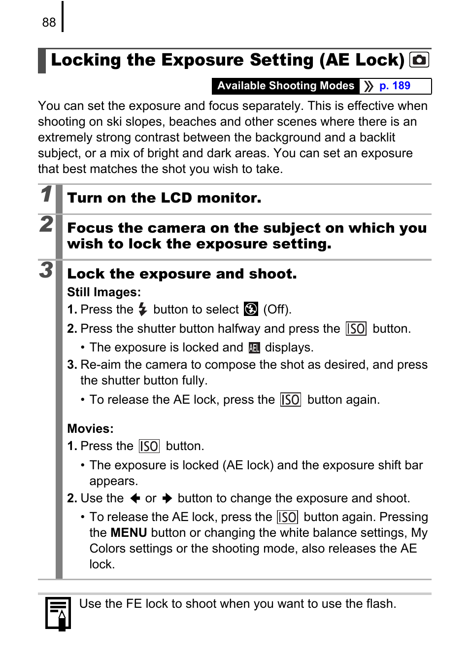 Locking the exposure setting (ae lock) | Canon A580 User Manual | Page 90 / 195