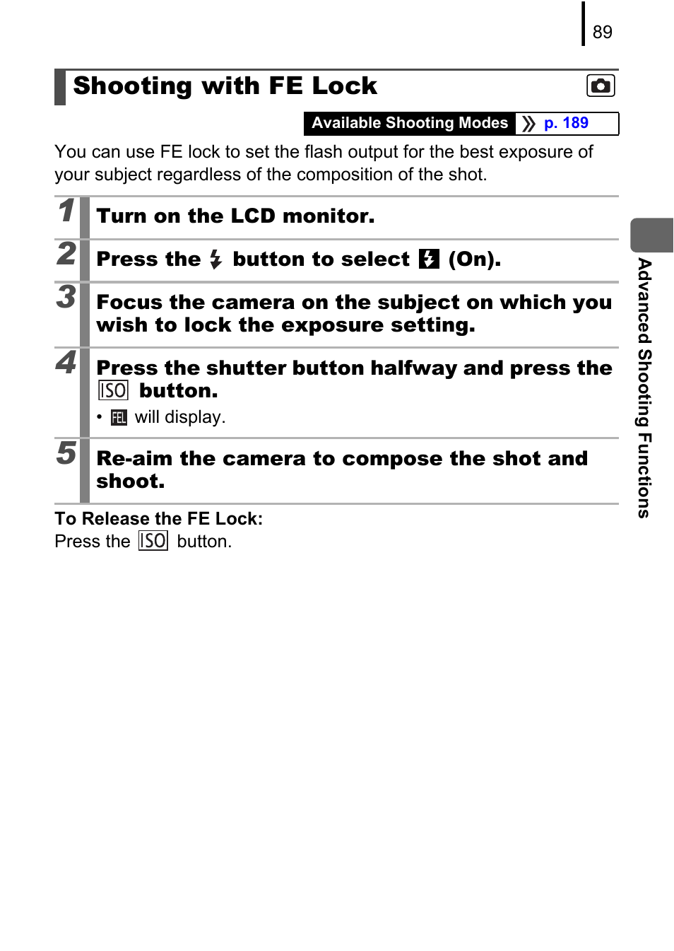 Shooting with fe lock | Canon A580 User Manual | Page 91 / 195