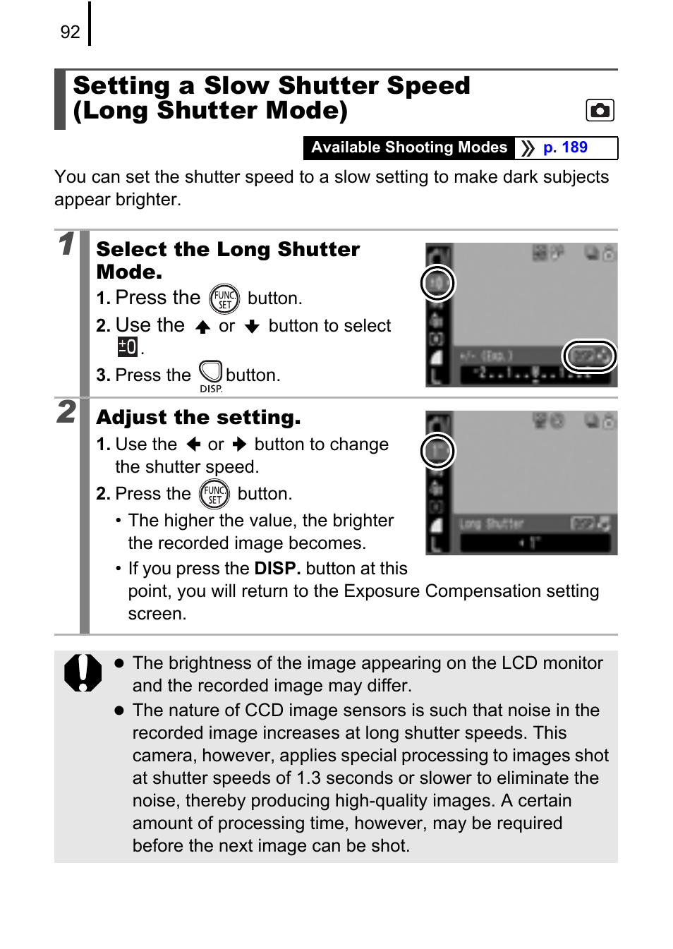 Setting a slow shutter speed (long shutter mode) | Canon A580 User Manual | Page 94 / 195